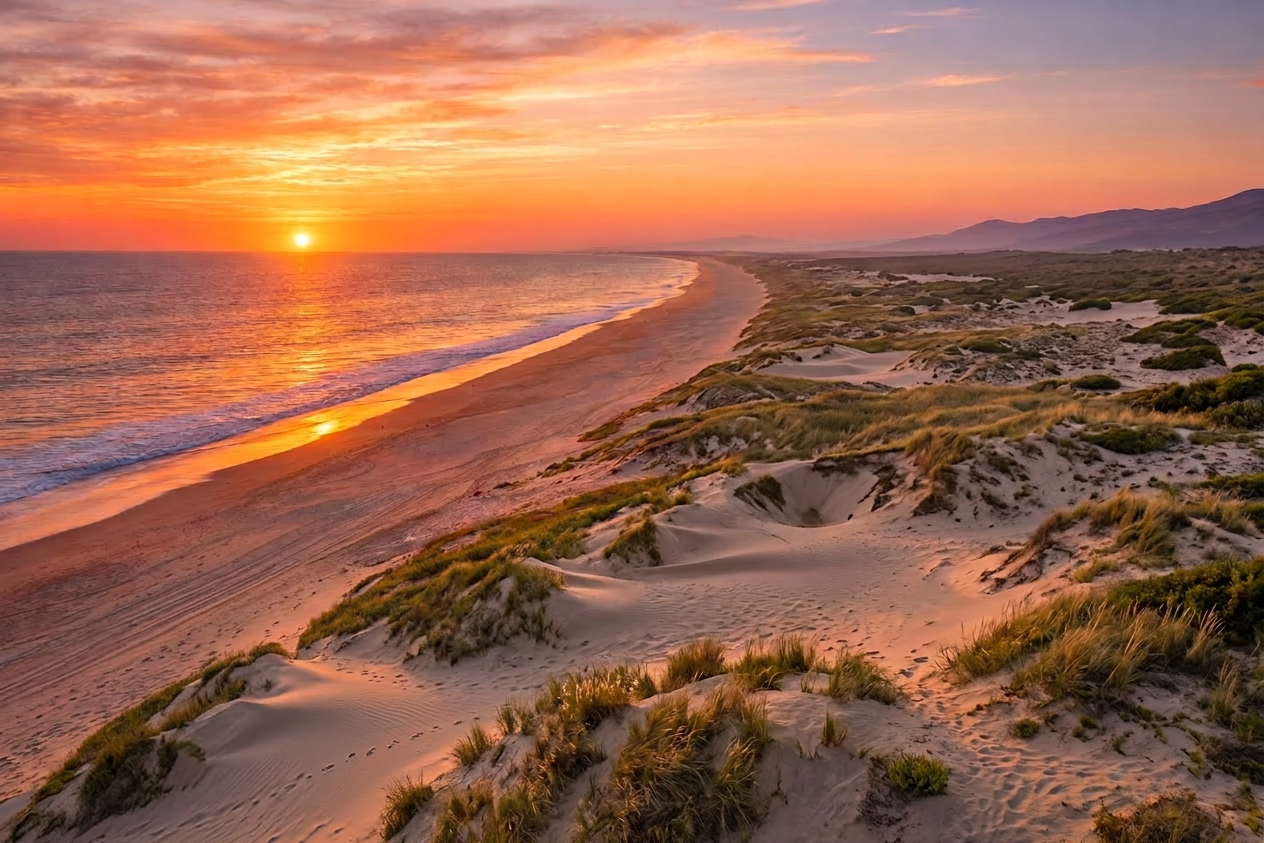 Sunset over ocean with sandy beach and grassy dunes