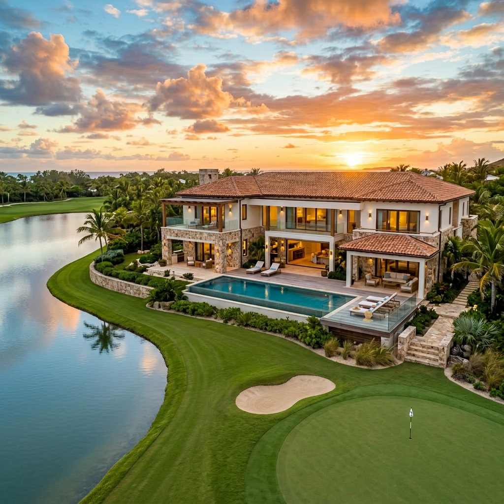 Luxury two-story villa with pool on sandy beachfront at sunset
