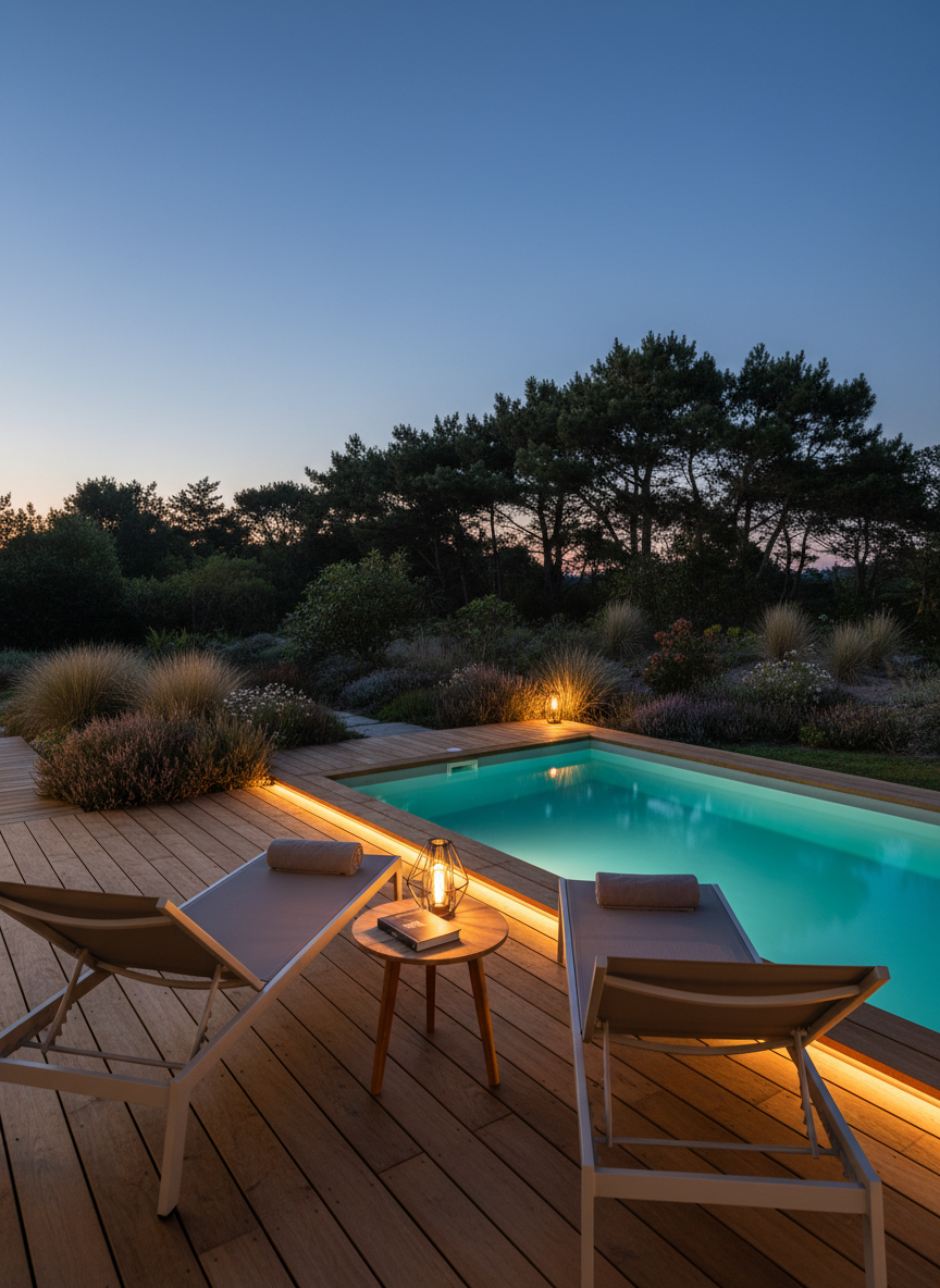 A serene evening scene of a landscaped garden in a Seignosse holiday home, perfectly prepared for guest arrival. A wooden deck with a smooth, oiled finish extends toward a small, turquoise pool surrounded by dune grasses and low shrubs. On the deck, two empty sun loungers with neatly folded blankets at their foot face the pool, and a small side table holds a closed book and a lantern-style LED light. Subtle, warm outdoor lighting along the deck edges and pool creates a gentle glow and soft reflections on the water’s surface. Photographic realism, eye-level composition with a slightly long lens to compress space and enhance intimacy, evoking tranquility, privacy, and discreet luxury.