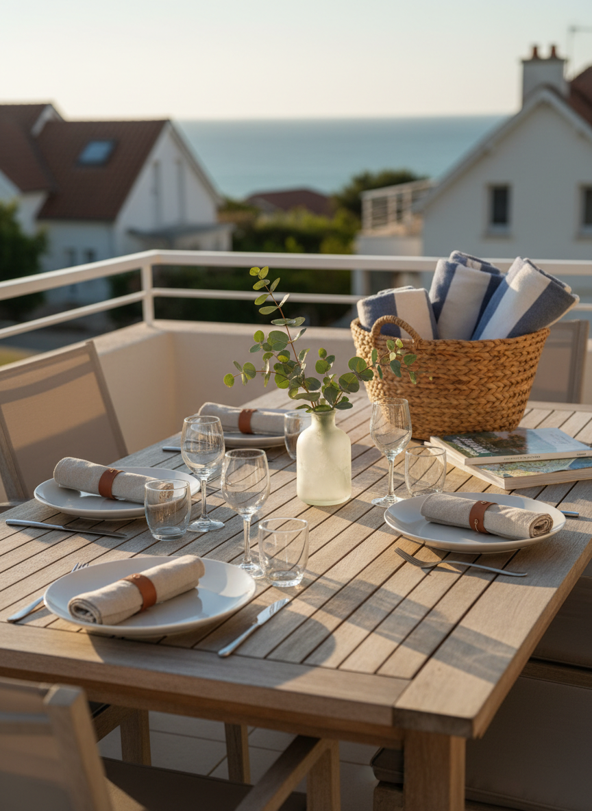 A beautifully set terrace table of a residence in Capbreton, overlooking a hint of ocean and rooftops, prepared in advance for guests. The subject is a solid teak outdoor table with a smooth, weathered finish, laid with pristine white plates, neatly rolled linen napkins, clear wine glasses, and a small vase of eucalyptus branches. A wicker basket with carefully folded beach towels and a neatly stacked guidebook and local map sit at one end. Golden hour sunlight bathes the scene, casting warm, elongated shadows and a subtle glow on the glassware. Photographic realism, slightly elevated angle with moderate depth of field, conveying calm, comfort, and the feeling of everything thoughtfully arranged before arrival.