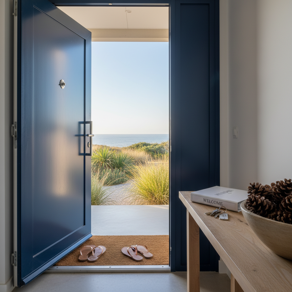 An immaculate holiday villa entryway in Hossegor, featuring a sturdy dark-blue front door slightly ajar, revealing a spotless interior with neatly aligned flip-flops on a woven jute mat and a small console table holding an organized welcome binder, labeled key set, and a tasteful ceramic bowl filled with pinecones. Outside, manicured coastal grasses and a glimpse of the ocean horizon frame the doorway. Soft morning light illuminates the threshold, creating a welcoming glow and gentle reflections on the door’s satin finish. Photographic realism, composed using the rule of thirds with the door as the main anchor, sharp focus throughout, capturing the mood of discreet, professional care and the promise of a worry-free stay.